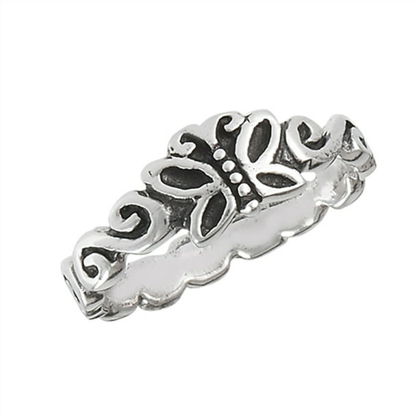 Size 6~9 BUTTERFLY SIDE Sterling Silver Ring-Highly Polished-Oxidized
